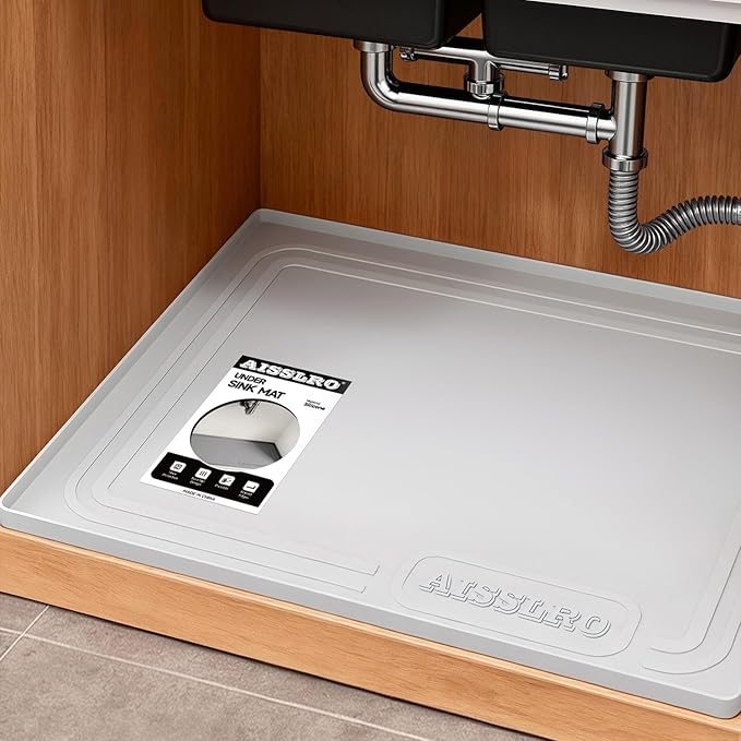 Under Sink Mat 25" X 19", Waterproof Silicone Under Sink Mats for Kitchen, Anti-Leak Shelf Liner & Cabinet Protector with Raised Edge, [BPA Free] Bathroom Tray Home Organizer, Light Grey