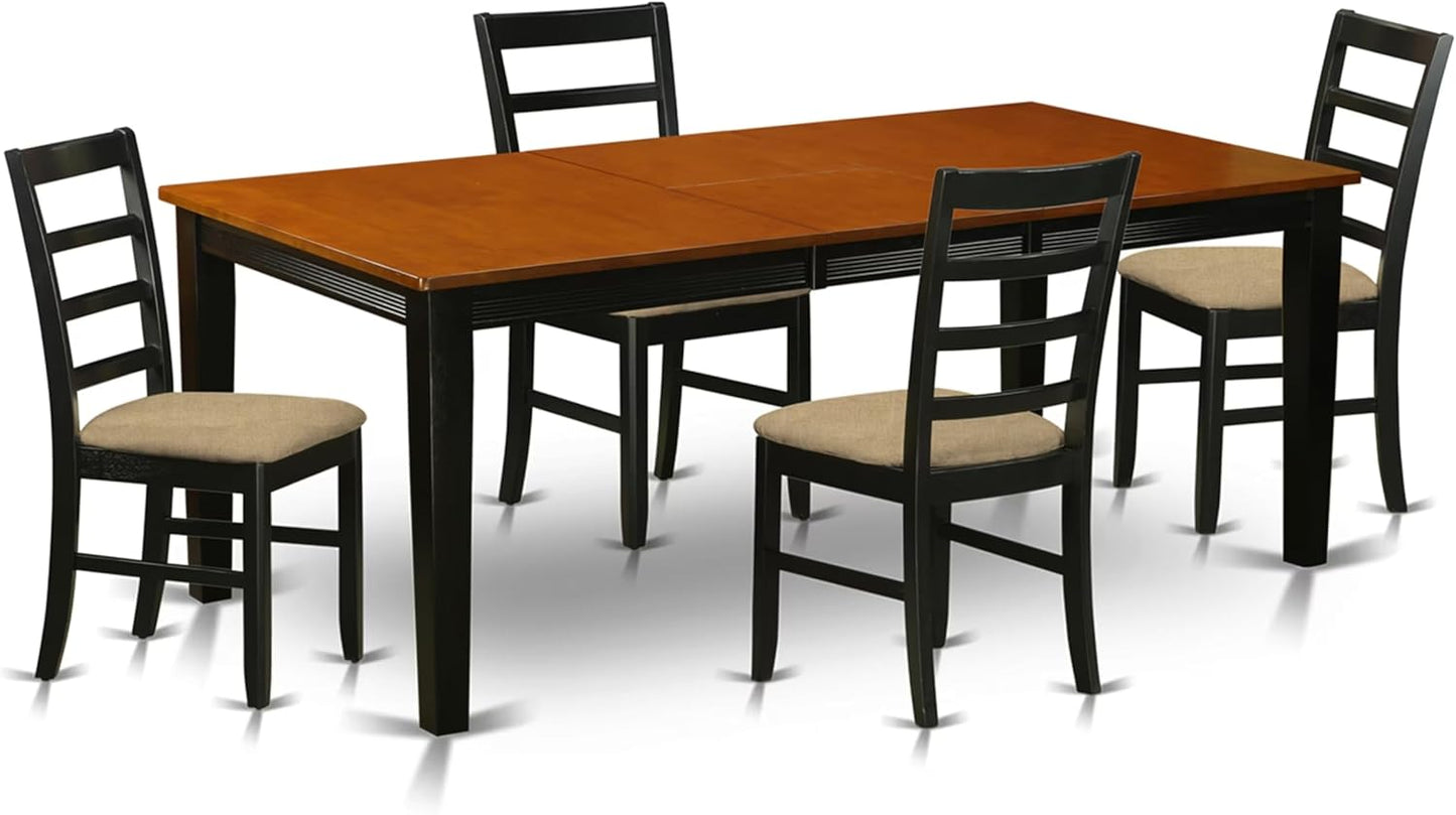 East West Furniture QUPF5-BCH-C 5 Piece Dining Room Table Set Includes a Rectangle Kitchen Table with Butterfly Leaf and 4 Linen Fabric Upholstered Dining Chairs, 40x78 Inch, Black & Cherry