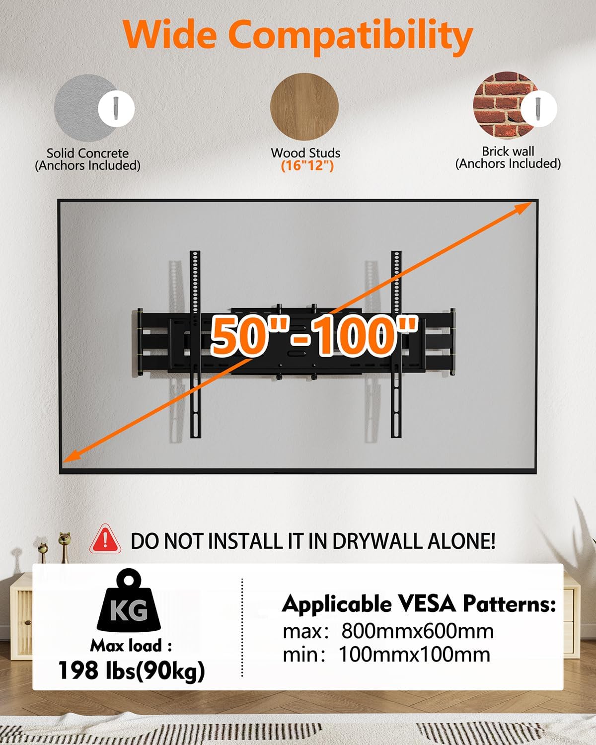 FORGING MOUNT Long Reach TV Wall Bracket Mount Swivel Tilt Full Motion TV Bracket 43 inch Articulating Arm Wall Mount,Fits 50 to 100 Inch Flat/Curve TVs,Holds 198LBS,VESA 800x600mm