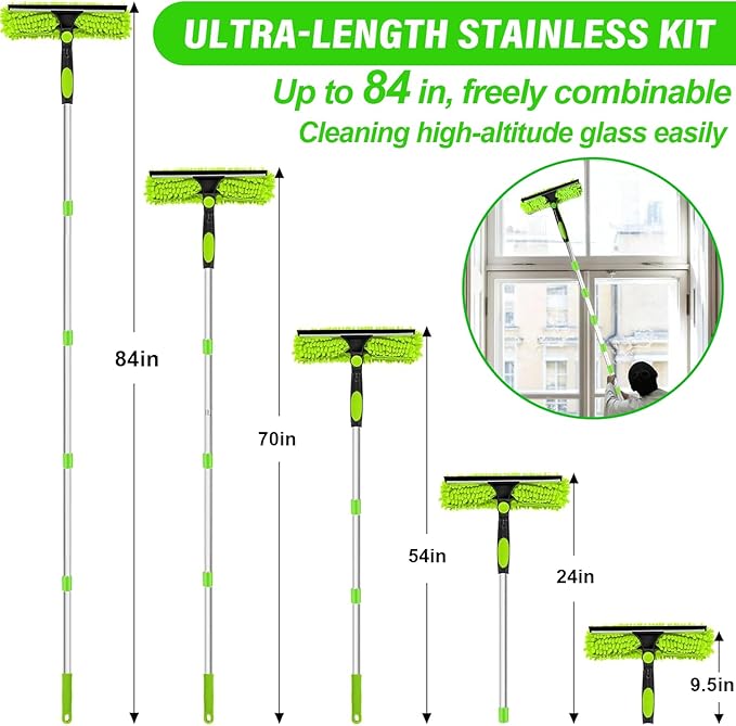 2.1m/84in Window Cleaning Squeegee Tools, 3-in-1 Window Washing Kit with 5 Extension Pole, 2 Microfiber Cloth Brush & Squeegee, Telescopic Window Cleaner Tool for High Window, Car Glass