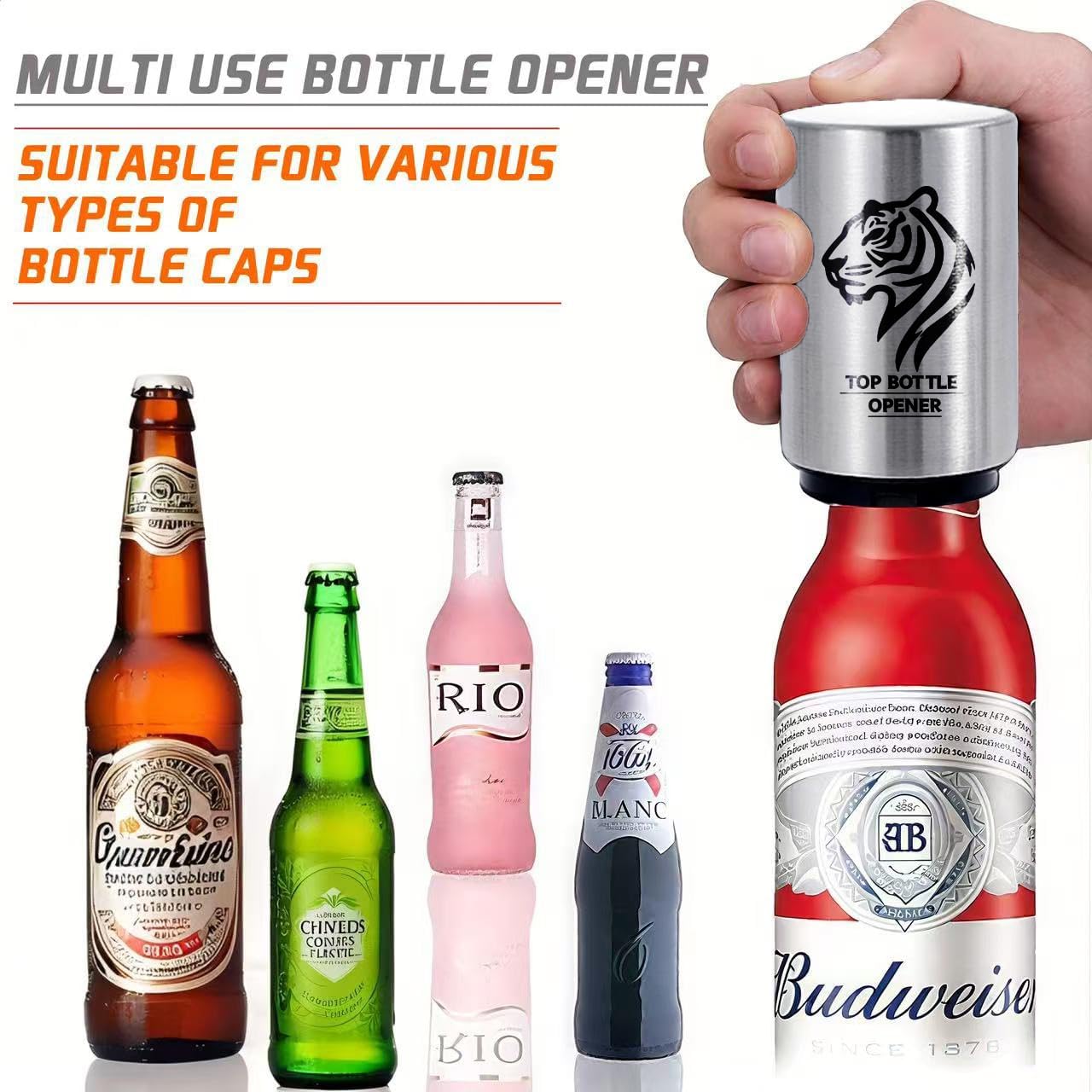 2PCS Automatic Beer Bottle Opener with Magnetic Cap Catcher, Pop The Top Stainless Steel Bottle Cap Mover Handed Lid Opening Spring Loaded Push&Pop for Kitchen Bar Home Restaurant Utensils Beer Gift