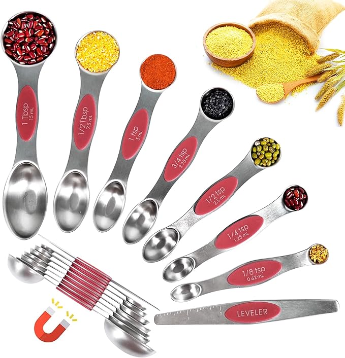 18 Pieces Measuring Cups and Spoons set, Includes 10 Stackable Measuring Cup with Lid and 8 Magnetic Measuring Spoons Set for Liquid and Dry, BPA Free (Red)