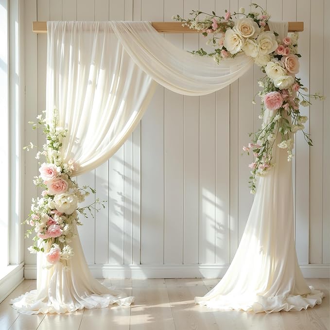 Wedding Arch Draping Fabric, 2 Panels 18FT Beige Sheer Backdrop Curtain Chiffon Fabric Drapery Voile Scarf Draping Panels for Wedding Archway Ceremony Curtain Valance Party Decoration