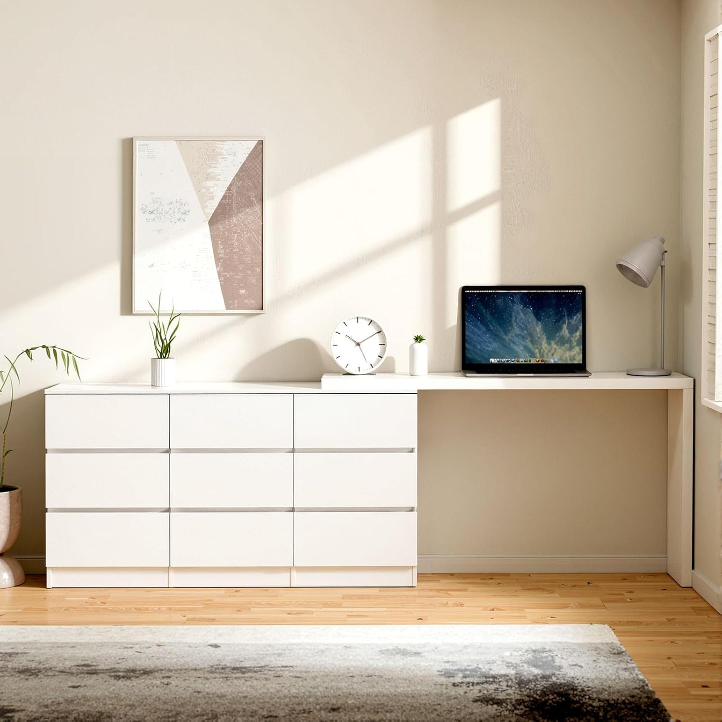 9 Drawer Vanity Dresser Combo with Extendable Table & L-Shaped Desk, White MDF Large Dresser with Deep Storage for Bedroom, Adjustable Desk and Vanity Combo for Small Spaces