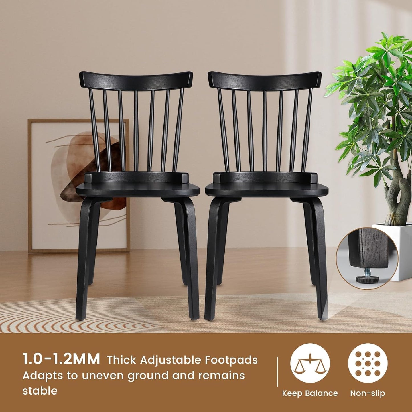 Unovivy Wood Dining Chairs Set of 2, Windsor Farmhouse Spindle Back, Widen Seat, Modern Mid-Century Country Style, for Living Room Restaurant, Black