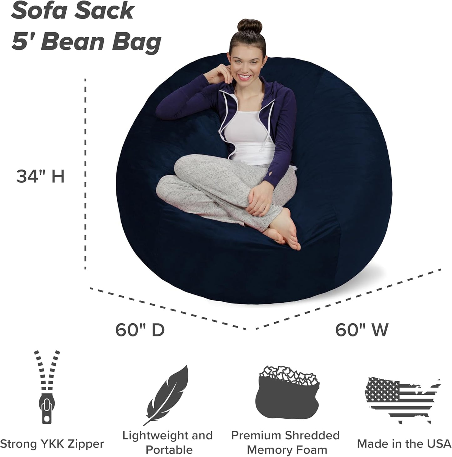 Sofa Sack Bean Bag Chair - Plush, Ultra Soft - Memory Foam Bean Bag Chair with Microsuede Cover - Stuffed Foam Filled Furniture and Accessories for Dorm Room 5 Feet - Navy