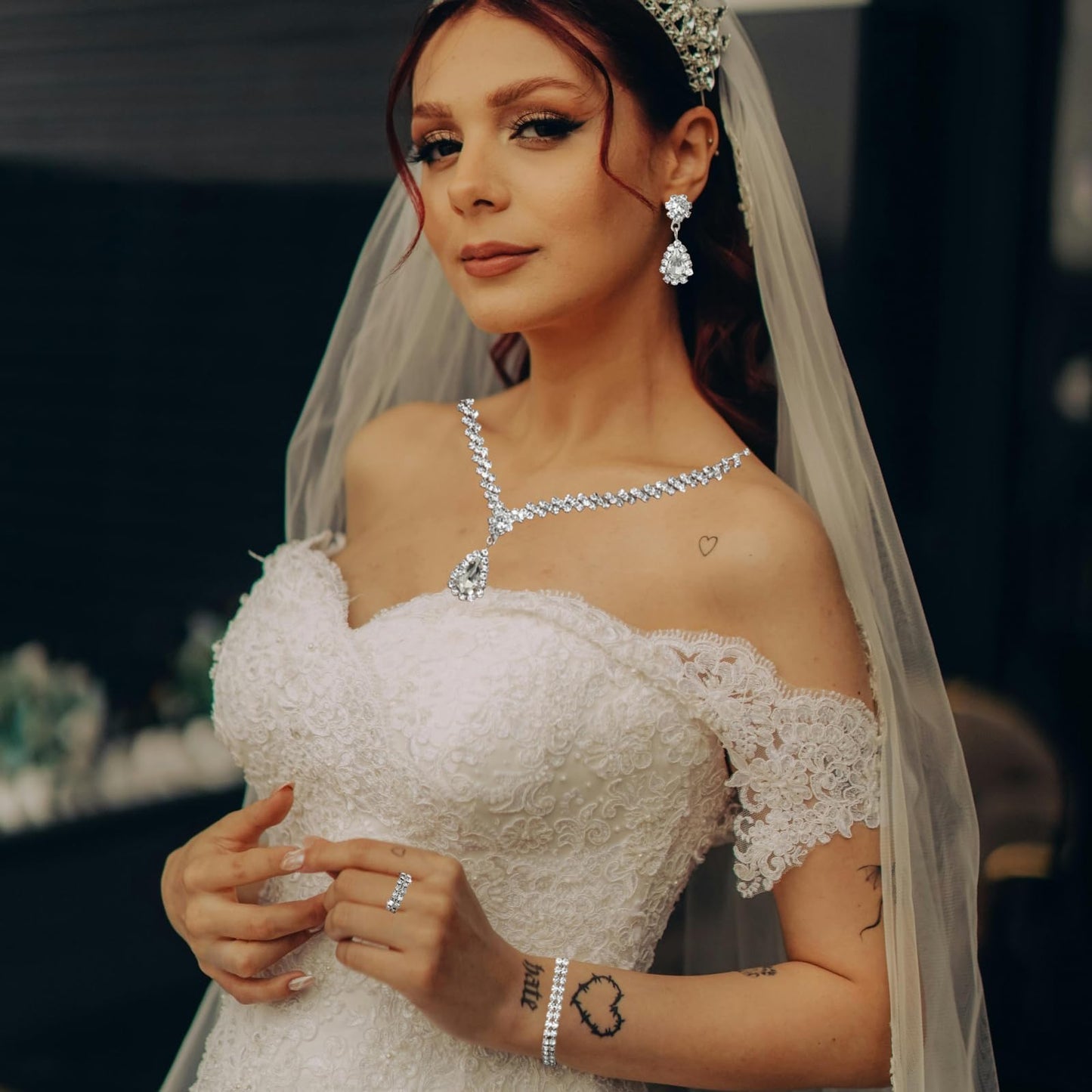IS4U Rhinestone Water Drop Set for Women Bridal Wedding Vintage Colourful Crystal Zircon Statement Necklace Ring Earrings Bracelet Set Party Dress Ball Fashion Jewellery (Silver)