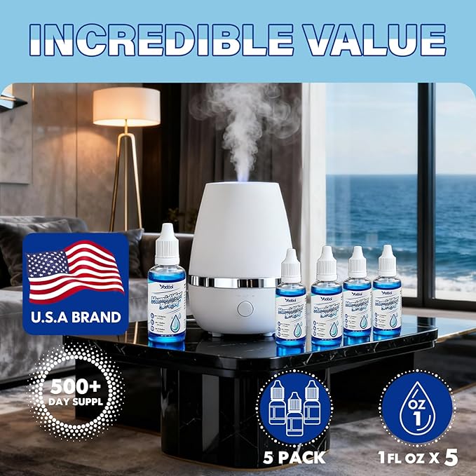 [5 Pack] Humidifier Cleaner Drops, Humidifier Water Treatment Cleaning Solution for All Makes & Models - Slows Buildup & Scaling - Deeply Cleans & Deodorizes Water - 500+ Day Supply