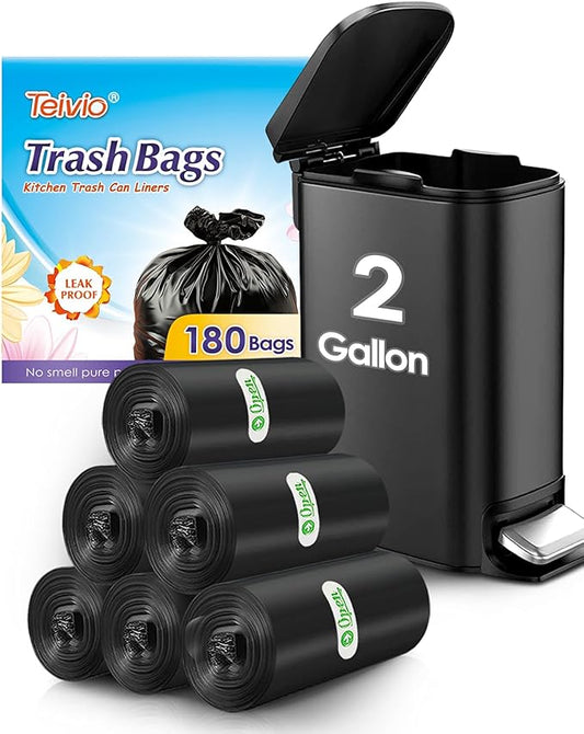 2 Gallon 180 Counts Small Strong Black Trash Bags Garbage Bags by Teivio,Small Waste Basket Liner, Bathroom Trash Can Bin Liners, Plastic Bags for home office kitchen,Black