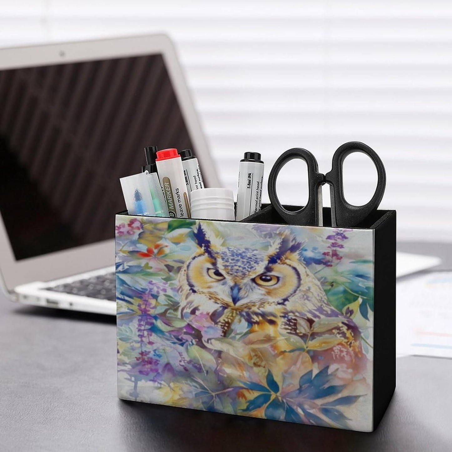 Owl Among Flowers Lether Pen Holder for Desk Makeup Brush Holder Office Organizer Desk Accessory for School Office