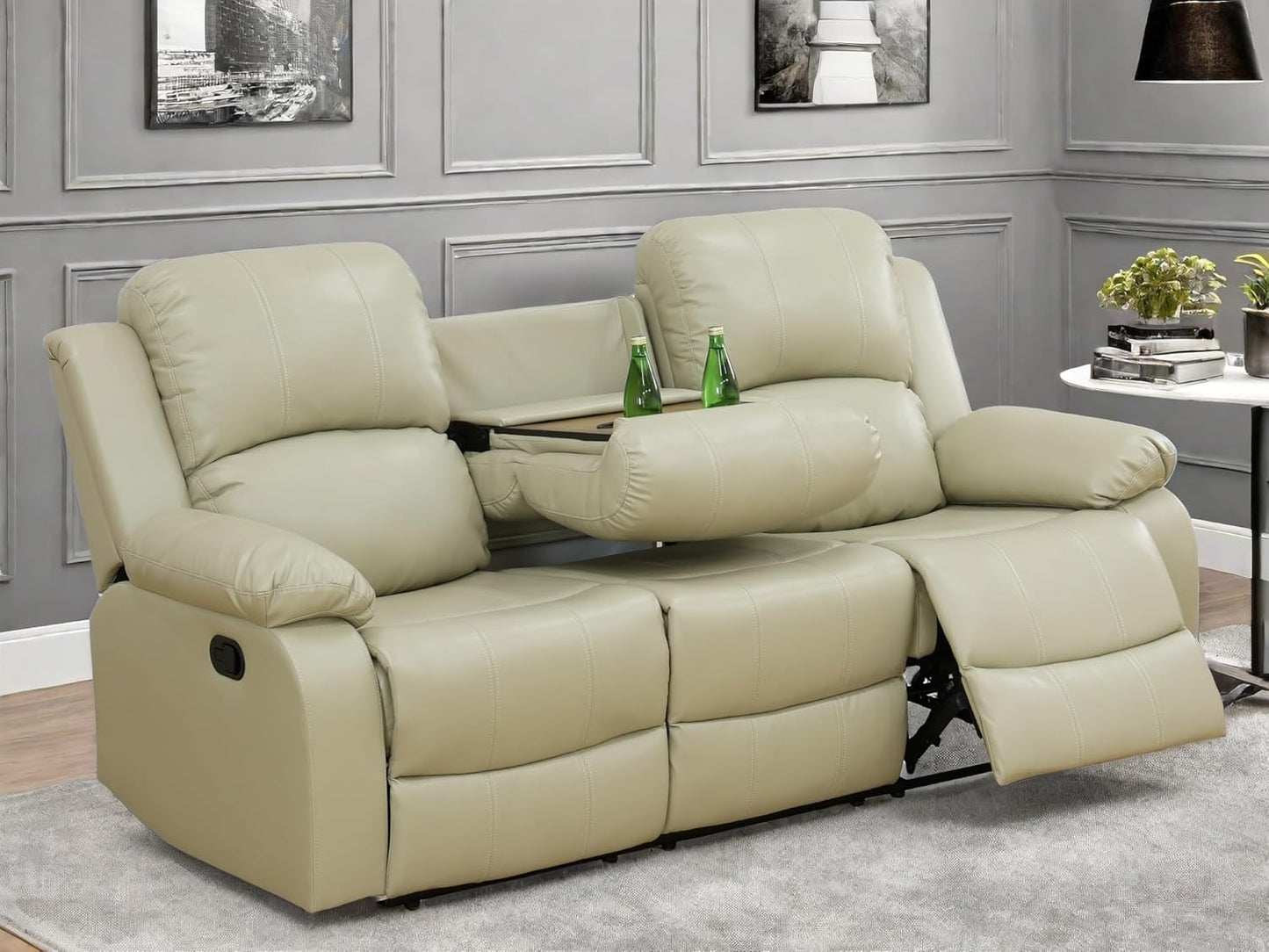 Leather Recliner Sofa Couch, 3-Seater Home Theater Seating Reclining Sofa, Power Reclining Couch with Cup Holders & Drop Down Table for Living Room Furniture Sets, Khaki