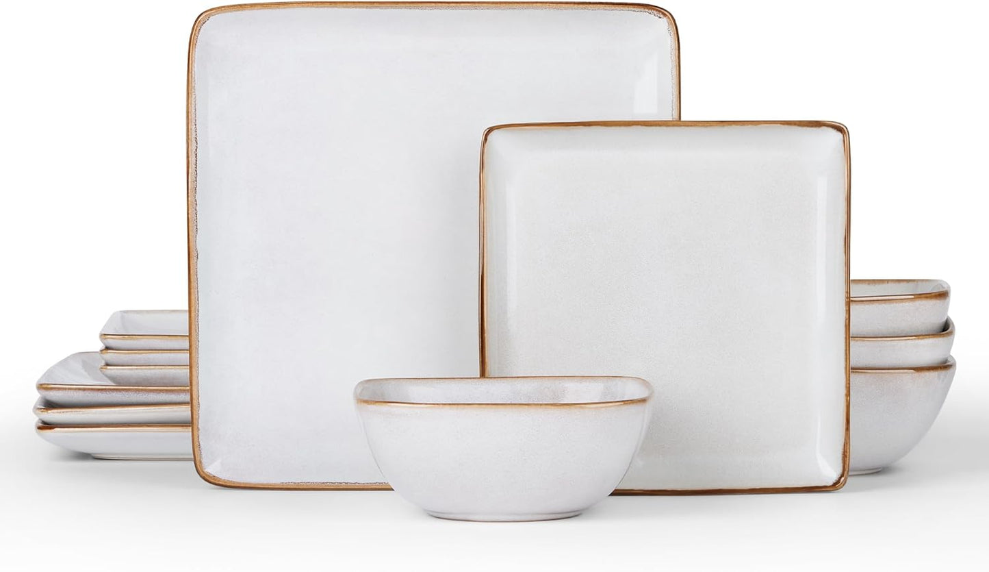 E-far Square Plates and Bowls Sets, 12-Piece Stoneware Dinnerware Sets for 4, Reactive Glaze Dish Set, Chip and Scratch Resistant, Microwave and Dishwasher Safe, Seashell White