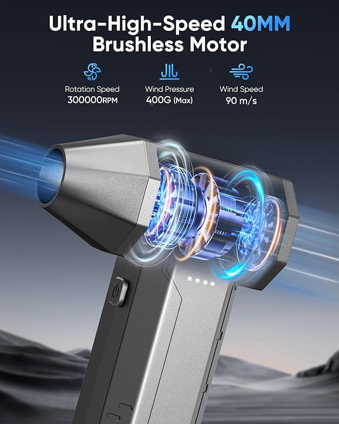 Compressed Air Duster, 300000 RPM & 400 G Wind Pressure, 10000 mAh Battery with Fast Charging, 4-Gear Electric Air Duster Rechargeable, Electric Duster Mini Blower with LED Light for Cleaning