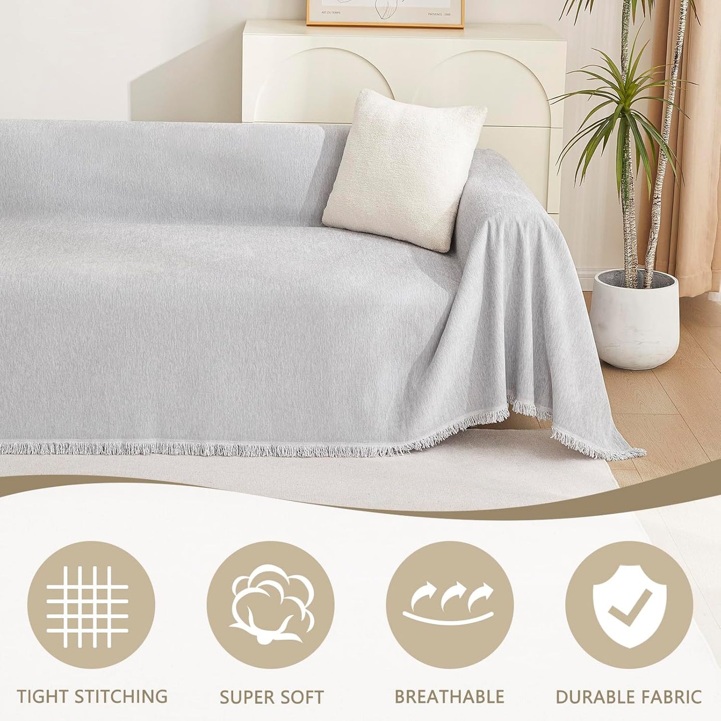 MYSKY HOME Chenille Sofa Cover for Dogs Cats Light Gery Couch Cover with Tassel Edge Farmhouse Furniture Protectors for Pets Thick Durable Sectional Couch Covers for 2 Cushion Couch, 71"x 102"