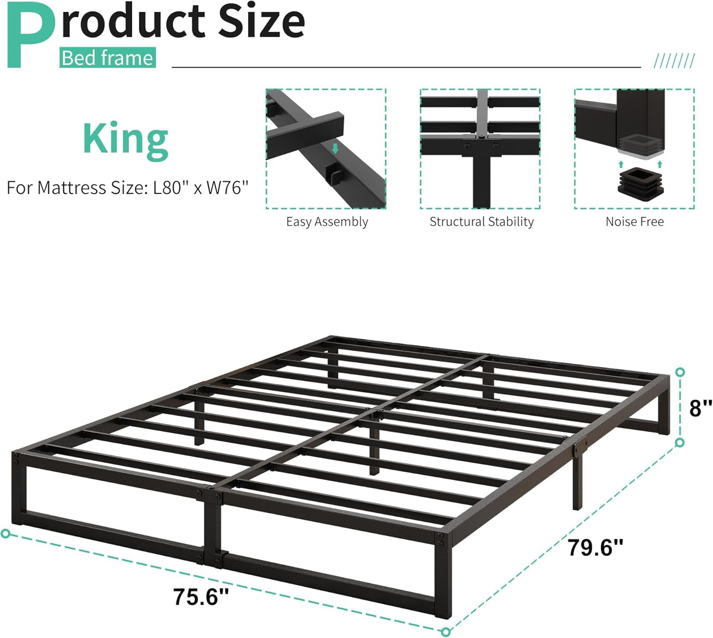 8 Inch King Bed Frame Sturdy Mattress Foundation, Heavy Duty Metal Platform with Steel Slats Support No Box Spring Needed, Noise Free, Easy Assembly, Black