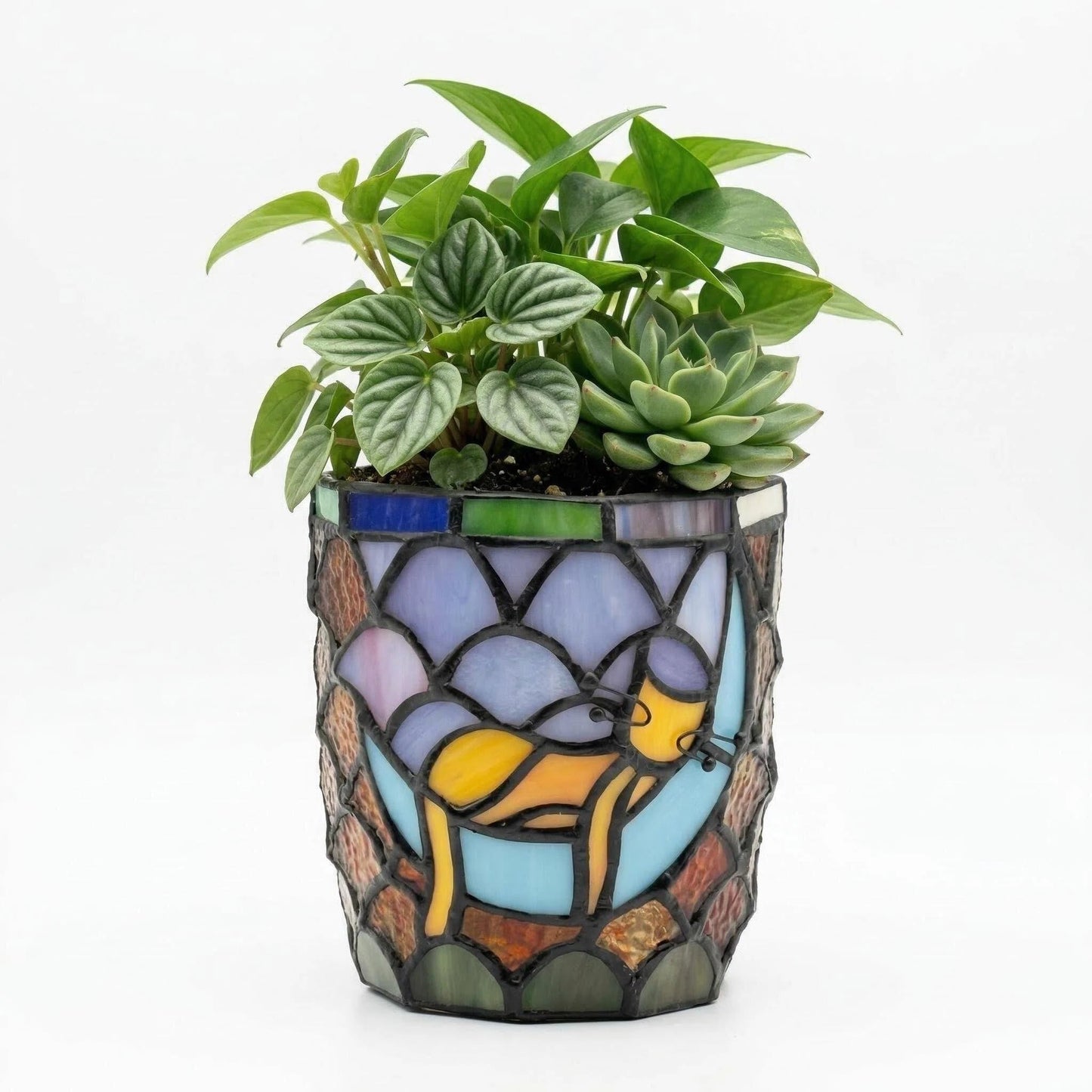 Entlityful Stained Glass Hanging Cat Planter Pot, Orange Sleeping Cat Small Hanging Plant Pots Indoor, Blue Moon Flower Pot Plant Gifts