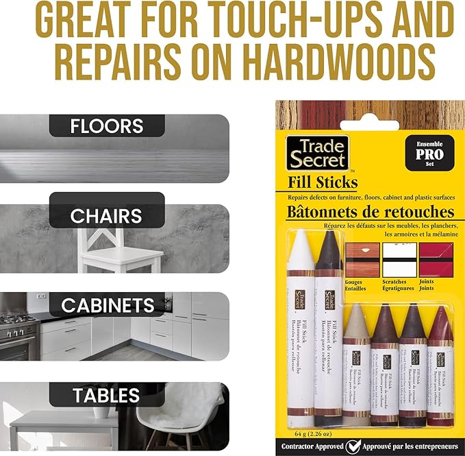 Wood Scratch Repair Fill Stick for Various Surfaces (Set of 6), Great for Touch-Ups and Repairs on Hardwoods Floors, Furniture, Cabinets and Plastic Surfaces.