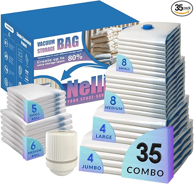 35 Pack Vacuum Storage Bags with Electric Pump, Compression Space Saver for Comforters, Bedding, Blanket Storage, Vacuum Seal Bags for Clothing, Luggage and Closet Organizer
