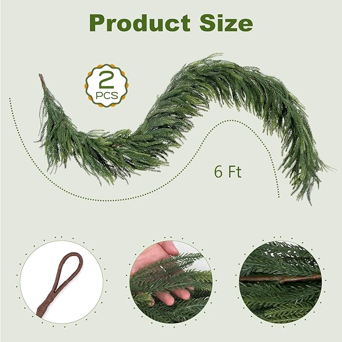 Artificial Norfolk Pine Garlands, 2 Pcs 6 Ft Real Touch Realistic Christmas Garlands, Winter Green Greenery Garlands for Mantle, Table, Wall, Outdoor, Indoor Christmas Decorations (6 FT, 2)