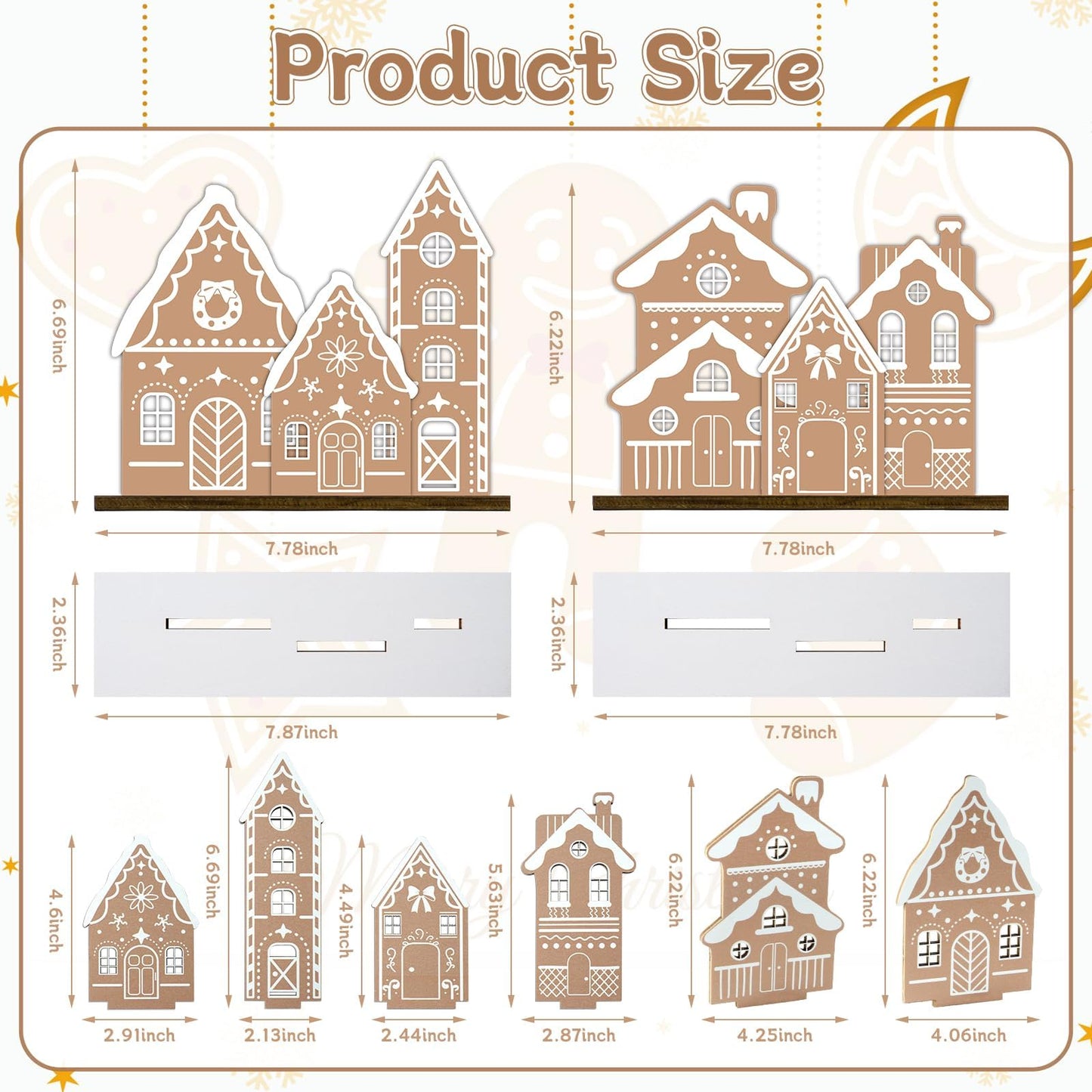 APUDWN Christmas Gingerbread House Table Decoration Wooden Gingerbread House Set with 6 Mini Houses and 2 Bases for DIY Farmhouse Holiday Display, Rustic Xmas Tabletop Centerpiece for Desk or Shelf