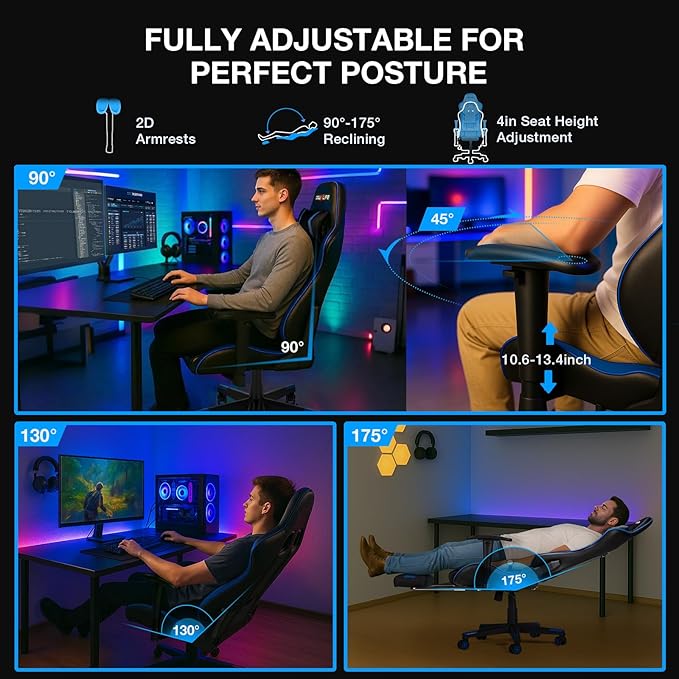 Douxlife 7-Point Massage Gaming Chair, 175° Gaming Recliner with Footrest Ergonomic Computer Office Chair High Back Video Game Chair with Lumbar Support, Upgraded Version Black and Blue
