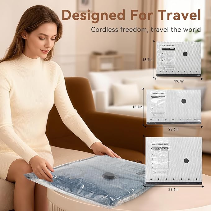 Vacuum Seal Bags for Clothing Travel,9 Pack Vacuum Bags with Cordless Electric Pump，Space saving vacuum bags for travel and clothing storage