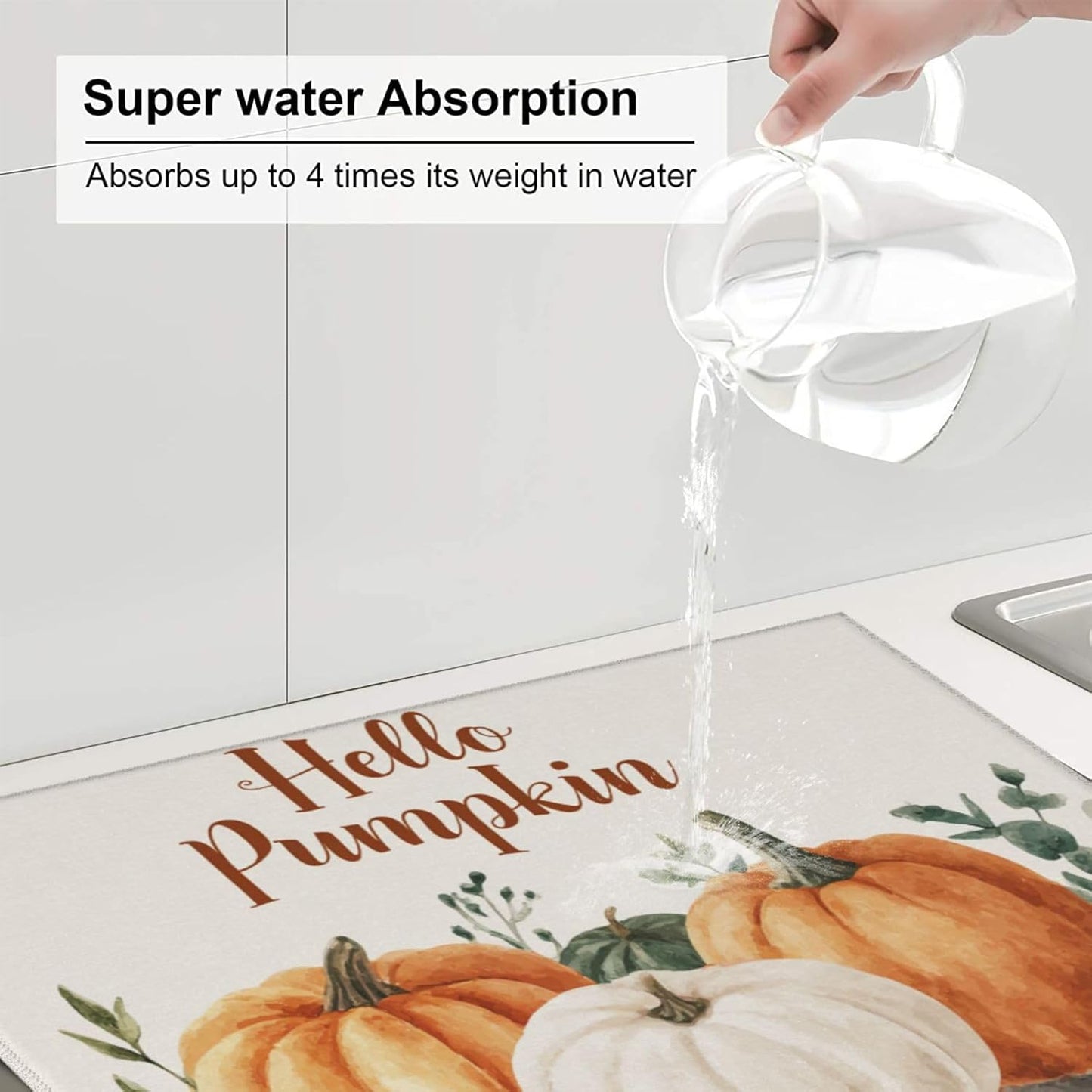 Dish Drying Mat Pumpkin Watercolor Fall Thanksgiving for Kitchen Counter Absorbent 16x18 Inch Microfiber Dishes Plate Glass Dry Draining Pad Reversible Washable