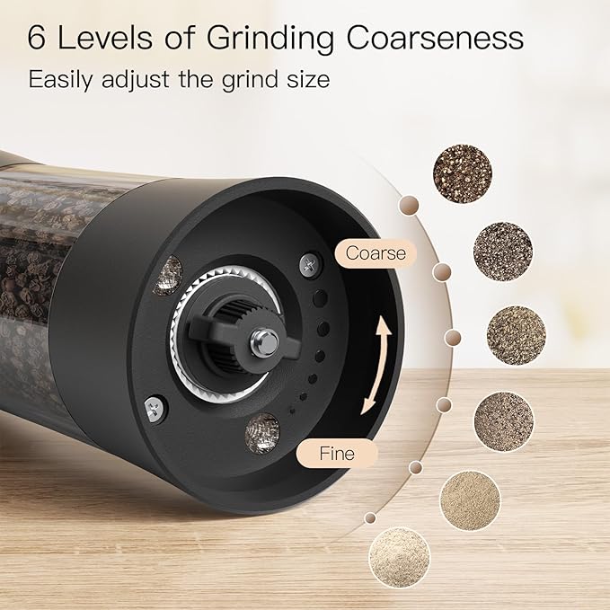 Ultrean Salt and Pepper Grinder Set, Rechargeable Automatic Pepper Mill Shakers, 6 Adjustable Coarseness, LED Light, Kitchen Gadget for House warming Gifts, Black & White