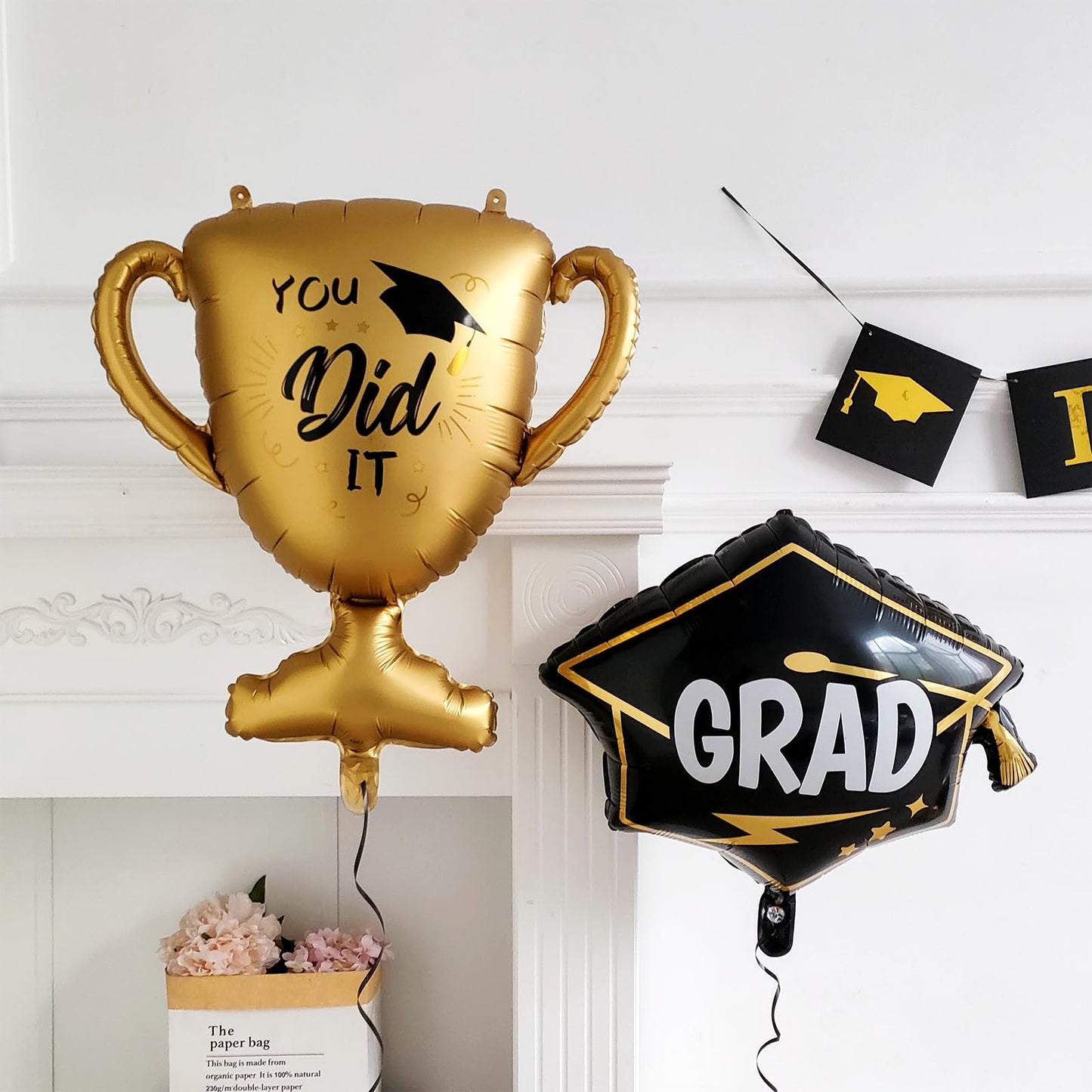 135Pcs Black Gold White Graduation Balloon Garland Arch Kit,with Explosion Star,Diploma,Trophy,Grad Hat,Photo Frame Foil Balloons for Congrats Class of 2026 Graduates Celebrations Party Decoration
