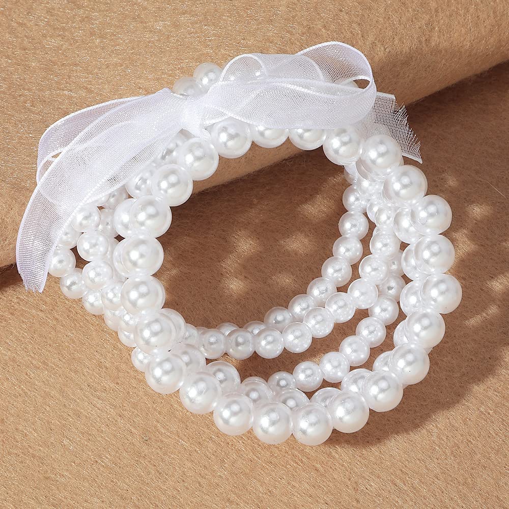 COLORFUL BLING Women Multilayer Temperament Imitated Pearl Stackable Strand Bracelets Beaded Seed Heart Rhinestone Crystal Stretch Bracelet Wedding Wrist Jewelry-5pcs bows