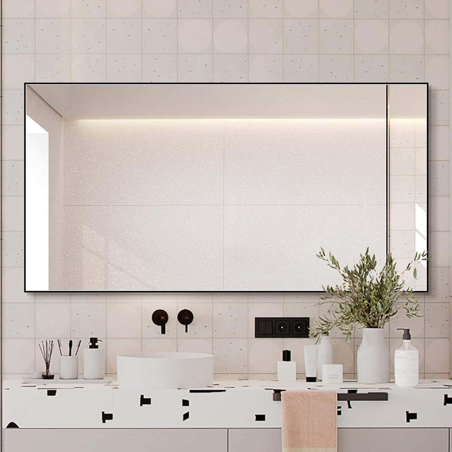 Black Bathroom Mirror for Wall, Rectangle Mirrors with Metal Frame, Modern Vanity Wall Mirror Decor for Entryway Hangs, Bathroom Living Room Horizontal or Vertical (Black, 36" L x 30" W)