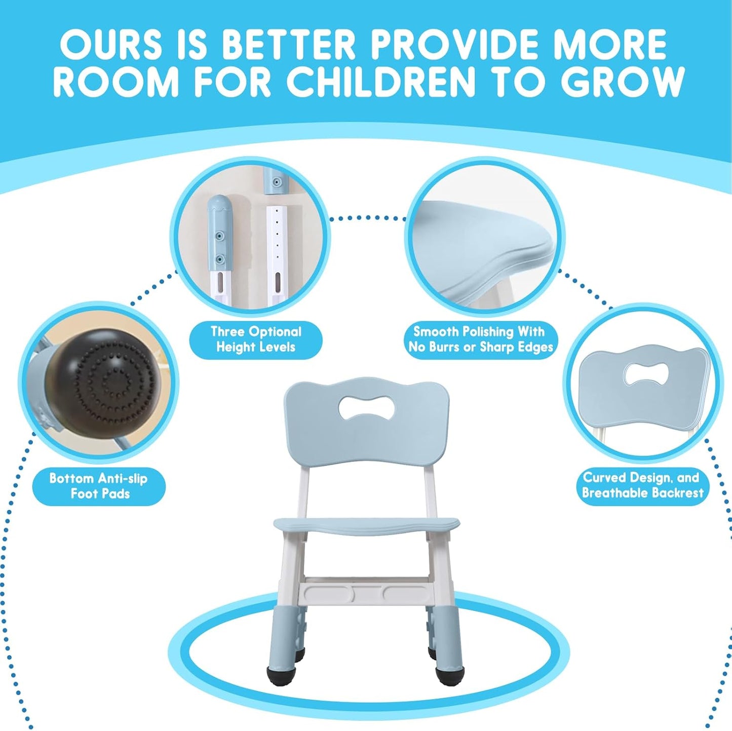 Kids Height Adjustable Toddler Chair Max Load 220LBS Plastic Indoor Outdoor for Children Age 1-6 School Home Daycare Use Bluegrey