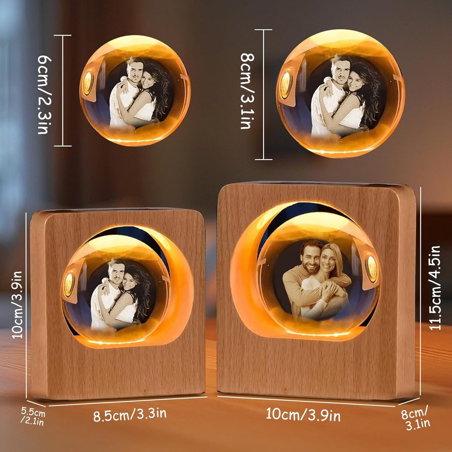 Custom 3D Crystal Photo Night Light – Personalized Glass Photo Ball with Customized 3D Picture Engraving, LED Light Wood Base, Unique Custom Gifts for Family, Pets, Birthday, Valentine's Day (Style 1)
