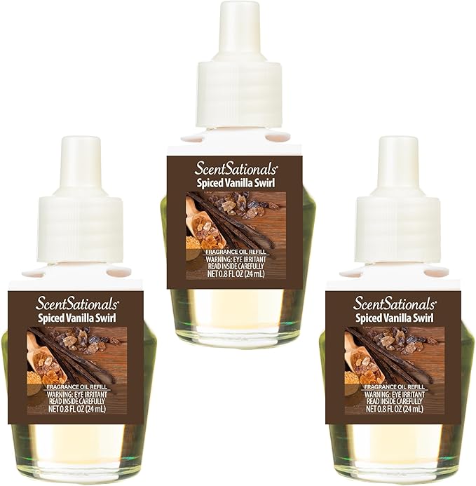 Scentsationals Fragrance Oil Plug In Air Freshener Refills 3-Pack - Spiced Vanilla Swirl - Works with Scentsationals Wall Plugs, Long-Lasting Home Fragrance, 0.8 fl oz Each, Packaging May Vary