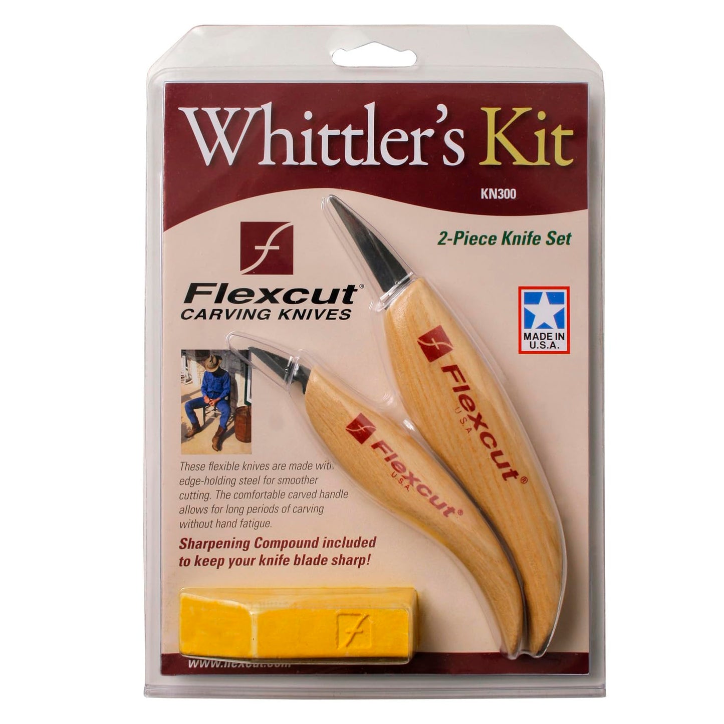 Flexcut Whittler’s Knife Kit (KN300) 2-Piece Set with KN13 & KN27 High-Carbon Steel Blades, Ergonomic Ash Wood Handles, Gold Polishing Compound, 5.2 oz, Made in USA