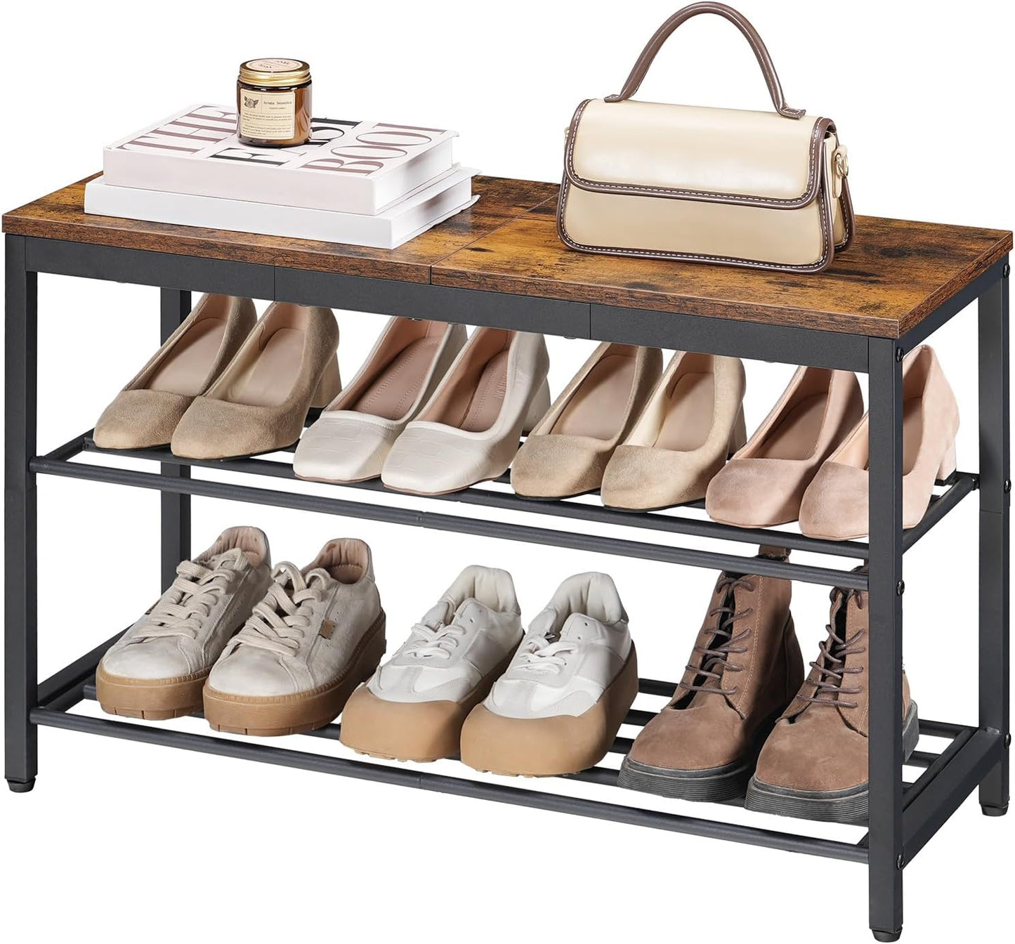 HOOBRO Shoe Storage Bench, 29.5" L Entryway Bench Organizer, 3-Tier Shoe Rack for Closet, Shoe Shelf with Wooden Top Seat, Loads 300 lb, Space-Saving, Rustic Brown and Black BF76HX01