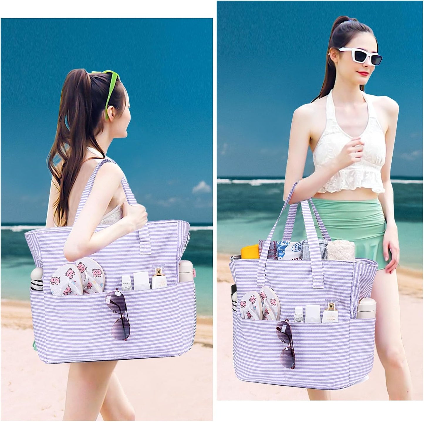LEDAOU Beach Bag Waterproof Sandproof Women Tote Bag Pool Bag with Zipper for Gym Grocery Travel with Wet Pocket