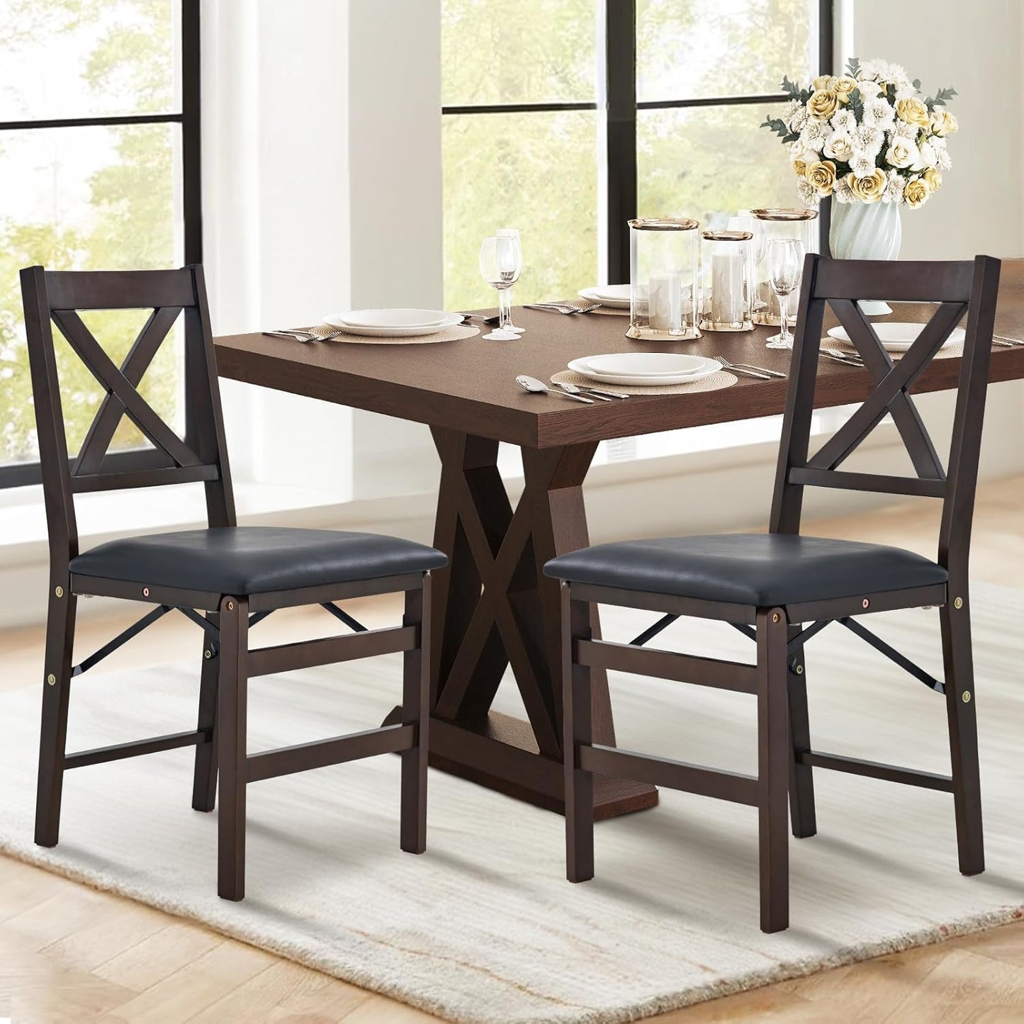 COLAMY Folding Dining Chairs Set of 4, Foldable Chairs with Padded Seats, Wood Folding Dining Room Chairs for Kitchen, Party, Camping, Dark Brown