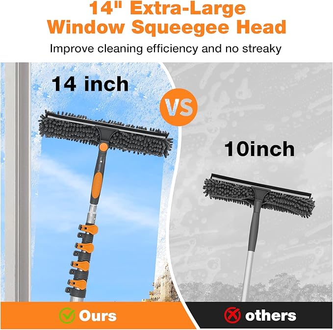 13Ft Window Squeegee with Extension Poles, Extra-Large 14" Window Squeegee 2-in-1 Window Cleaning Kit with Telescopic Pole,Window Cleaner Tool with Adjustable Head, for High Window, Glass, RV