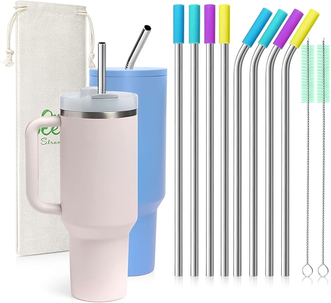 Teivio 8 Piece 5/16 inch (8mm) Wide Stainless Steel Straws for 40 oz Tumbler with Handle, 12 Inch Long Reusable Metal Drinking Straws, Replacement Straws with Silicone Tips & Cleaning Brush, Silver