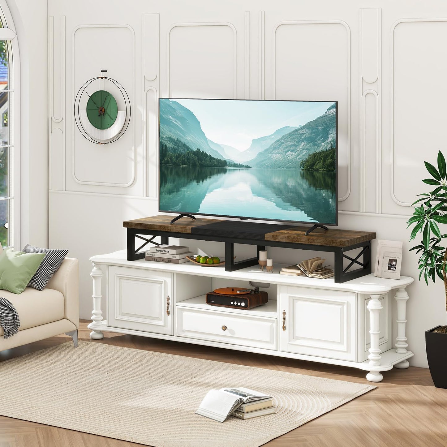 IBUYKE 45" Large TV Riser for 32-60 inch TV,Tabletop Short TV Stand with Storage and Steel Legs,Dual Screen Office Desk,Stand Riser,TV Riser Stand for Home,Bedroom,Living Room,Rustic Brown TVT002H