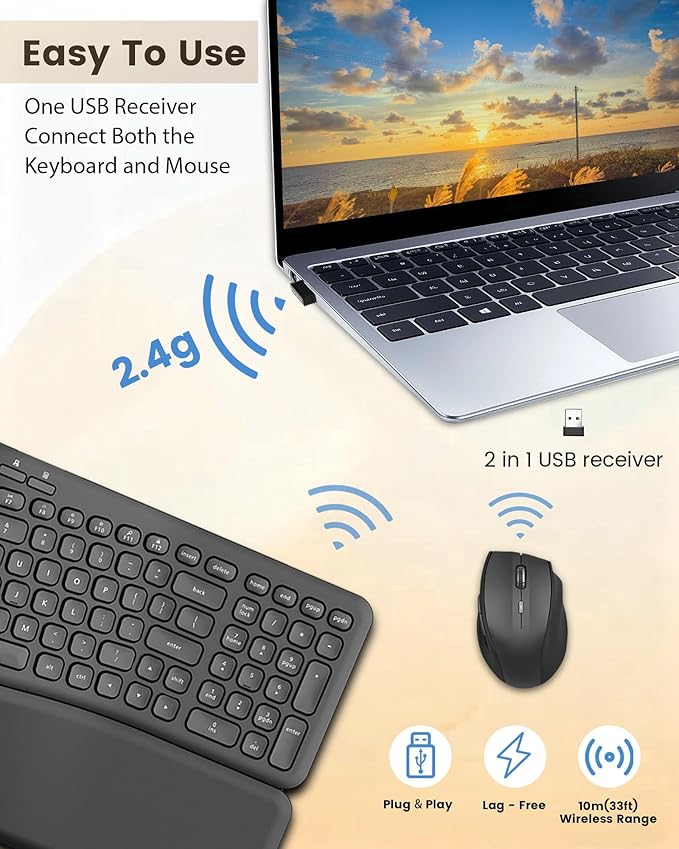 XUANGUI Silent Wireless Keyboard and Mouse Combo Ergonomic with Magnetic Wrist Rest, Cordless Full Size Split Key Board and 4800 DPI Quiet Mice for PC Laptop Tablet, Office and Home Ergo Soft Set