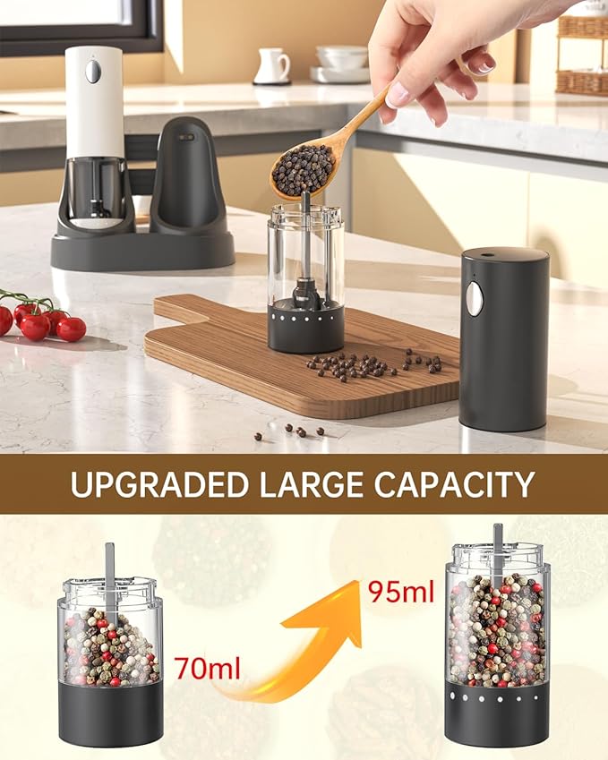 CIRCLE JOY Electric Salt and Pepper Grinder Set Automatic Salt and Pepper Mills Set with Easy-to-Carry Charging Base and LED Light, USB Rechargeable, Upgrade External Adjustable Coarseness