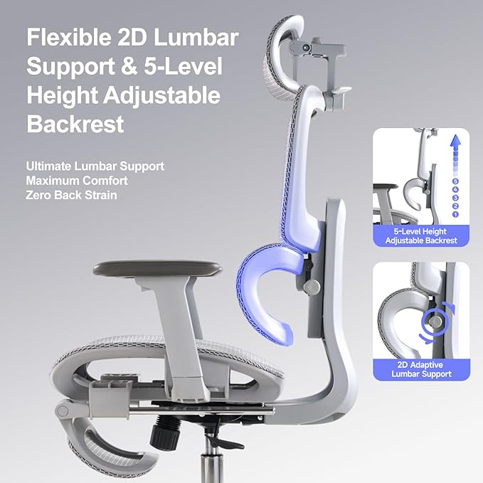 Office Chair with Footrest, Ergonomic Chair with Neck Pillow & Rubber Wheels, Computer Chair with Adjustable Backrest & 3D Armrests Headrest, Gaming Chair Adaptive Lumbar Support, Grey