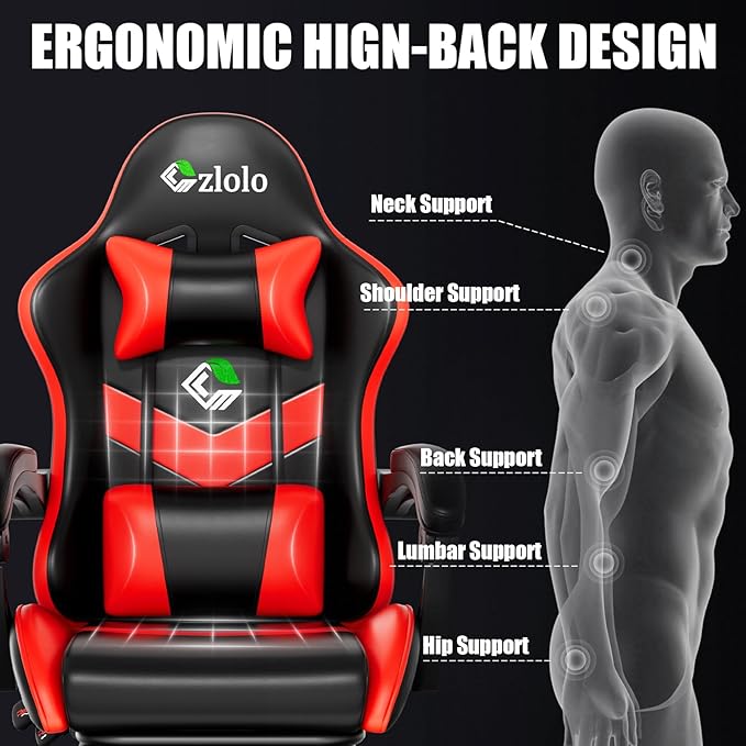 Gaming Chair with Footrest Racing Style Lumbar Support Massager Video Game Chair with Metal Legs, High Back Gamer Chair with Headrest, 360° Swivel Office Computer Desk Chair, Bright Red