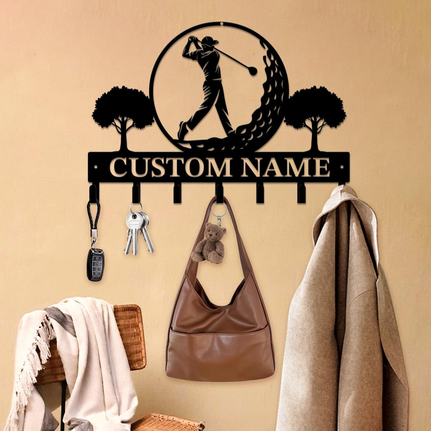 Personalized Custom Name Golf Ball Wall Keys Hooks,Metal Golf Art Clothes Hooks,Metal Golf Lover Wall Home Storage Decorative,For Front Door, Hallway, Kitchen, Bedroom,Keys,Hats (Style B)
