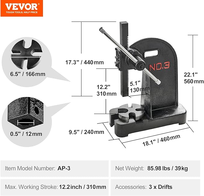 VEVOR Arbor Press, 3 Ton Manual Arbor Press, 12.2" Maximum Height, Cast Iron Heavy-duty Manual Desktop Arbor Press, Precision Hand Press for Stamping, Bending, Stretching, Forming