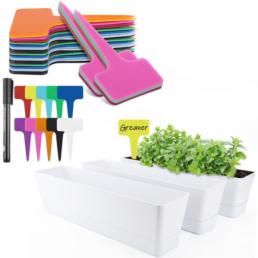 Greaner White Herb Planter with Tray, Plastic Plant Tags with A Permanent Marker, Ideal for Window Ledge Plant Display in Kitchen, Bathroom, Bedroom and Garden