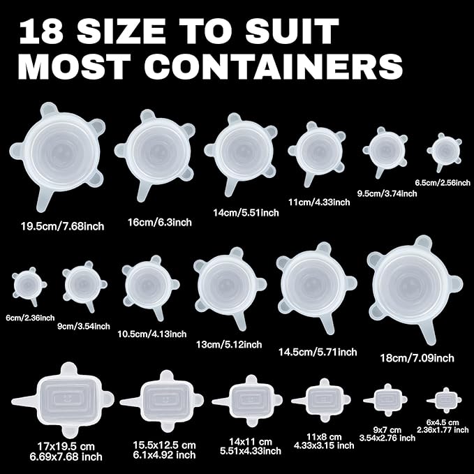 Reusable Silicone Stretch Lids–18PCS Round & Square Stretchy Food Covers, Airtight & Leakproof, Microwave & Dishwasher Safe Clear