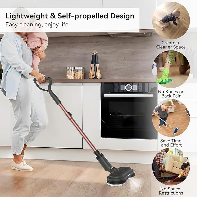 Cordless Electric Mop, Electric Floor Cleaner with Water Sprayer & LED Headlights, Up to 60 mins Lasting Time, Powerful Spin Mop with Extendable Tube, Self-Propelled, Floor Cleaning Solution included